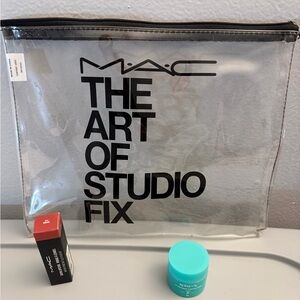 MAC Studio Fix bundle. 10x9 makeup bag, lipstick # 813 Mocha, Koneuk lip mask.